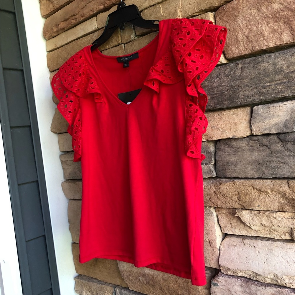 Marc New York Andrew Marc red short ruffle sleeve v-neck blouse top NWT Small - Picture 2 of 8